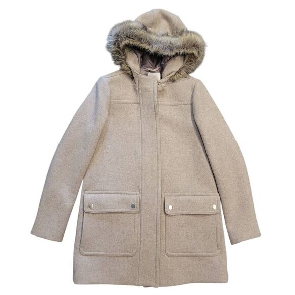 J. Crew Coat Women's XS Beige Neutral Vail Parka Wool Blend Faux Fur Hood - Picture 1 of 5